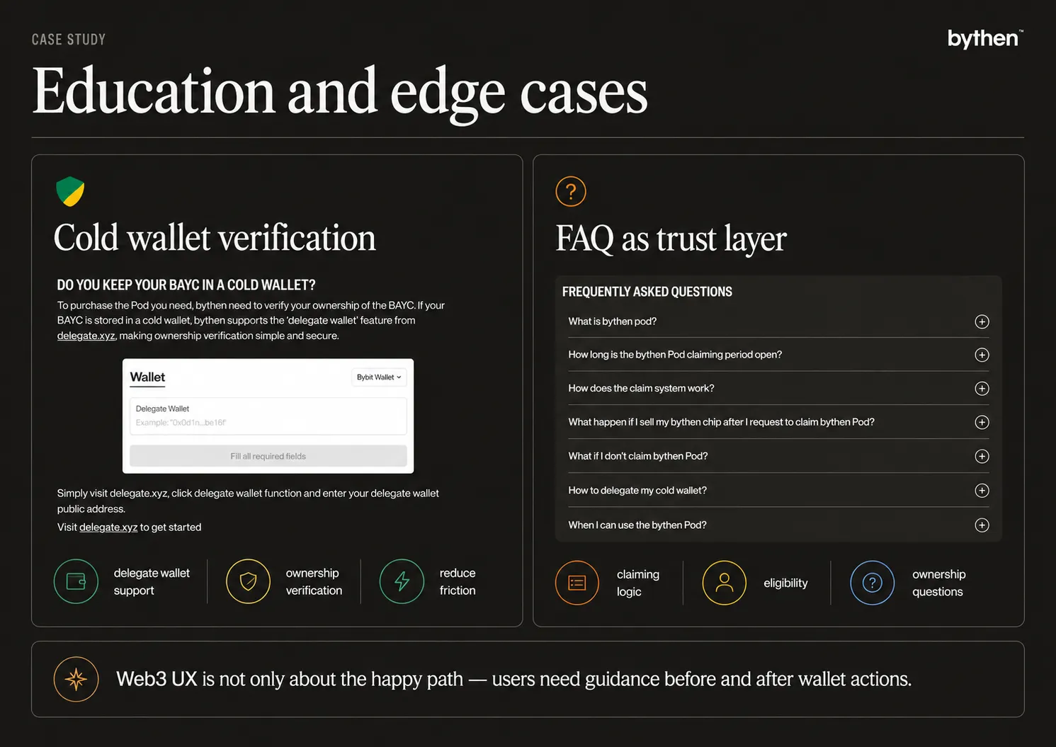 Cold wallet verification and FAQ as a trust layer: delegate-wallet support, ownership verification, and questions answered inside the journey.