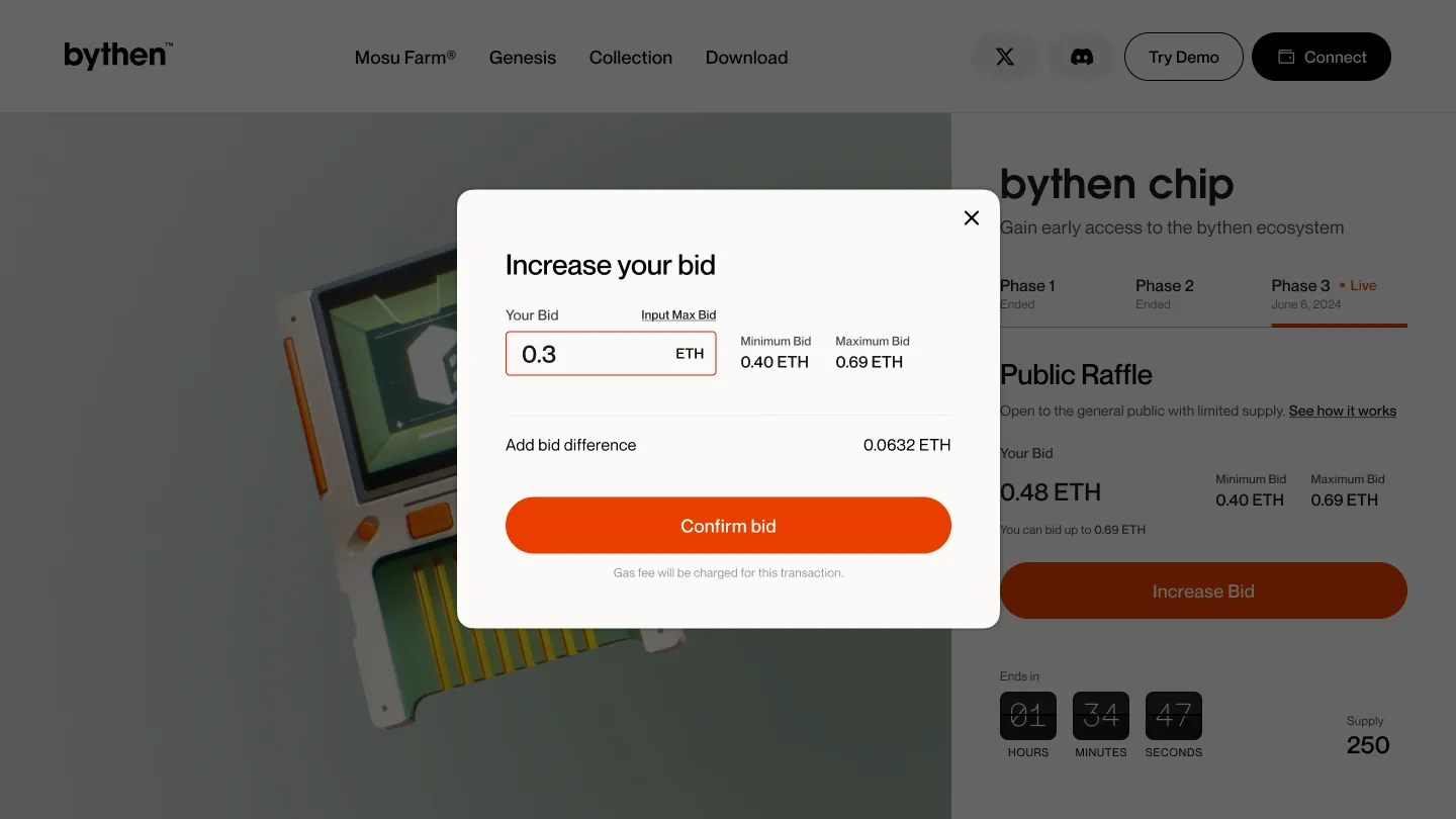 Increase-bid modal — a confirmation moment before another on-chain commitment.